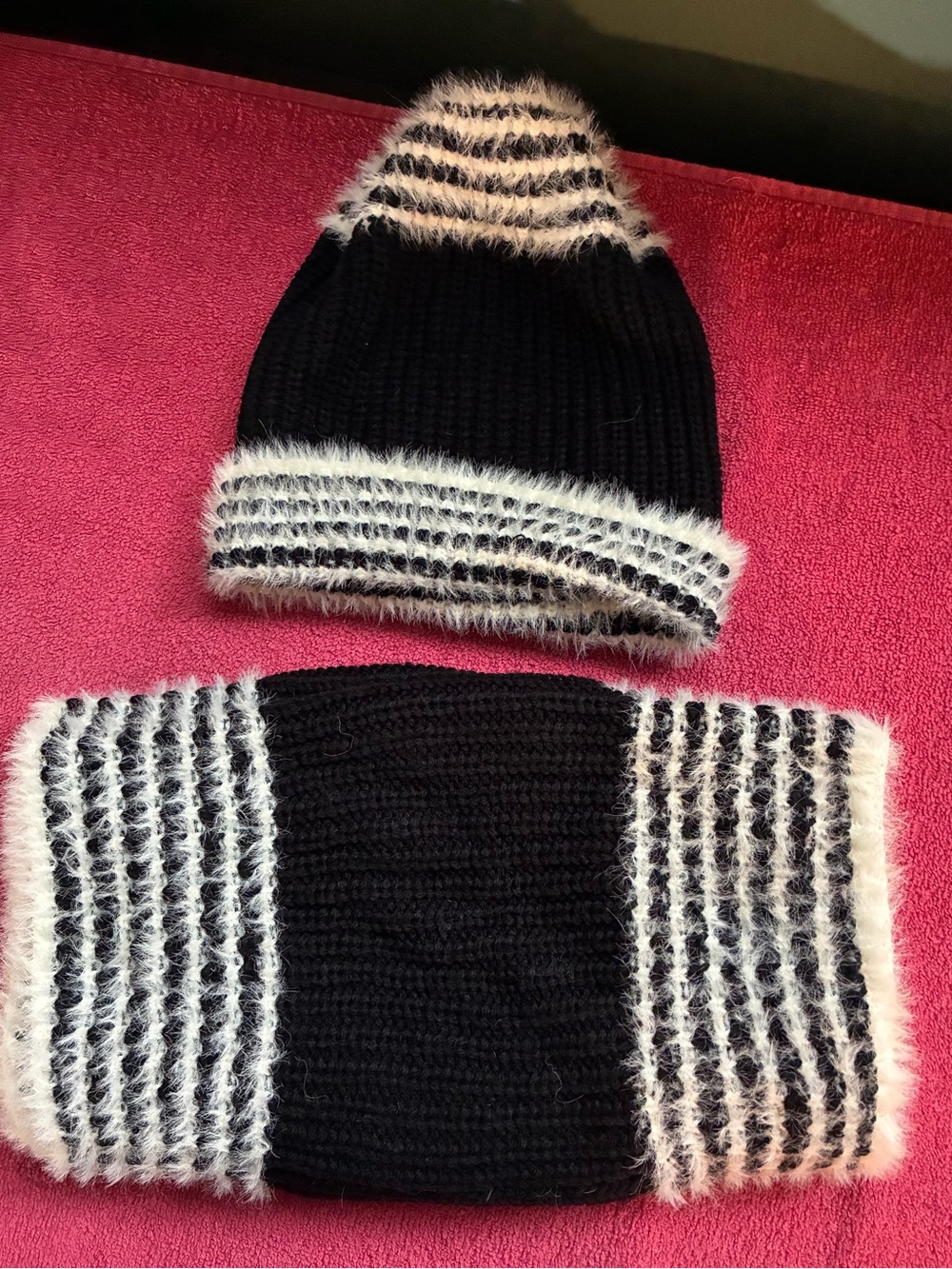 Avenue Black and White Fuzzy Trim Knit Beanie & Neck Warmer Set